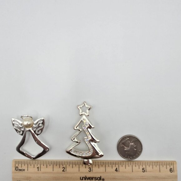 VTG Brooch 2PC Set Christmas Tree Star Prayer Angel Faux Pearl Silver Tone Pins - Picture 11 of 11